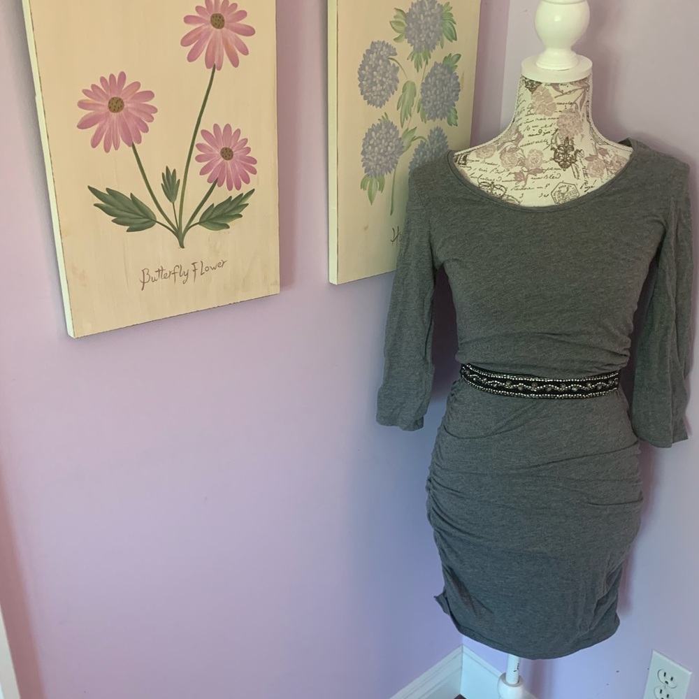 Express Gray Ruched Knee-Length Dress